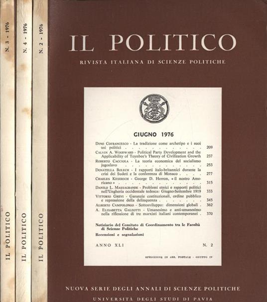 Il politico Anno 1976 n. 2. 3. 4. Rivista italiana di scienze politiche - copertina