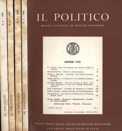 Il politico Anno 1978 n. 1 - 2 - 3 - 4. Rivista italiana di scienze politiche - copertina