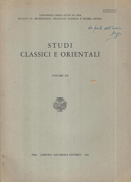 Studi classici e Orientali. Estratto - copertina