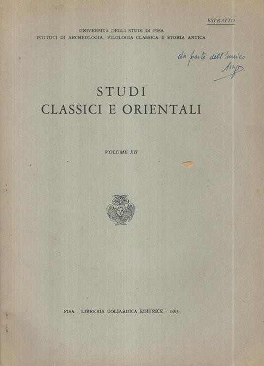 Studi classici e Orientali. Estratto - copertina