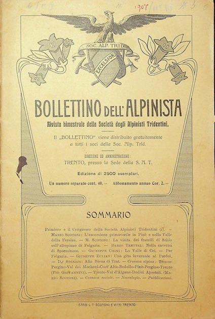 Bollettino dell’alpinista: rivista bimestrale della Società degli alpinisti tridentini: A. III - N. 6 - Giugno 1907 - copertina