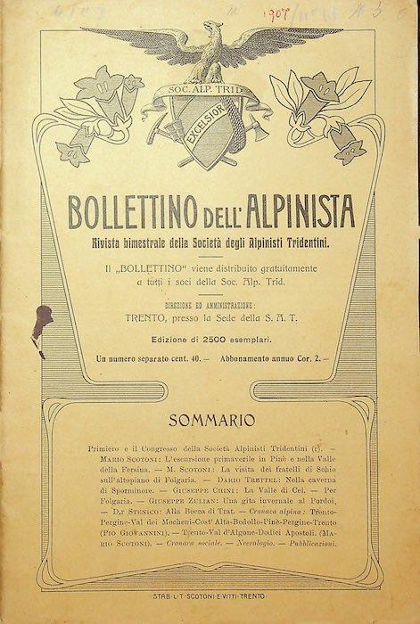 Bollettino dell’alpinista: rivista bimestrale della Società degli alpinisti tridentini: A. III - N. 6 - Giugno 1907 - copertina