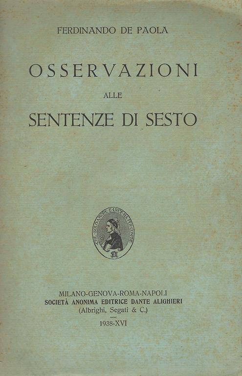 Osservazioni alle sentenze di Sesto - Ferdinando De Paola - copertina