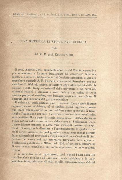 Una rettifica di storia ematologica. Nota - Eusebio Oehl - copertina