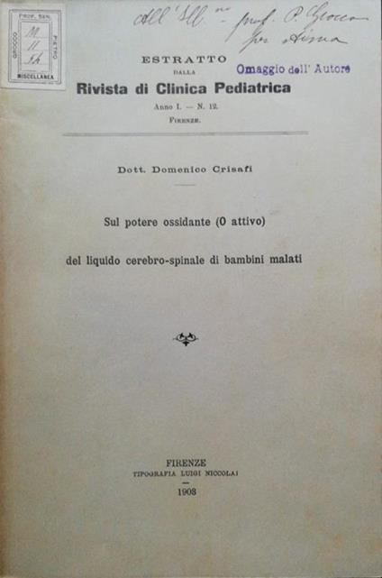 Sul potere ossidante (0 attivo) del liquido cerebro-spinale di bambini malati - copertina