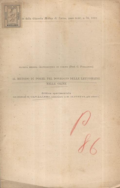 Il metodo di Poehl pel dosaggio delle leucomaine nelle orine - G. Cavallero - copertina