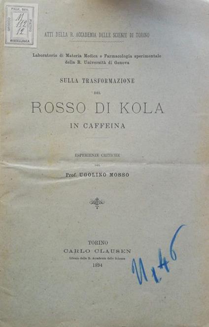 Sulla trasformazione del rosso di kola in caffeina - copertina