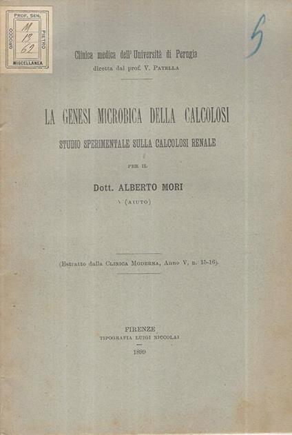 La genesi microbica della Calcolosi. Studio sperimentale sulla calcolosi renale - Alberto Mori - copertina