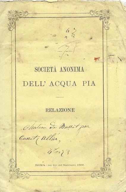 Società anonima dell'acqua pia. Realzione - copertina