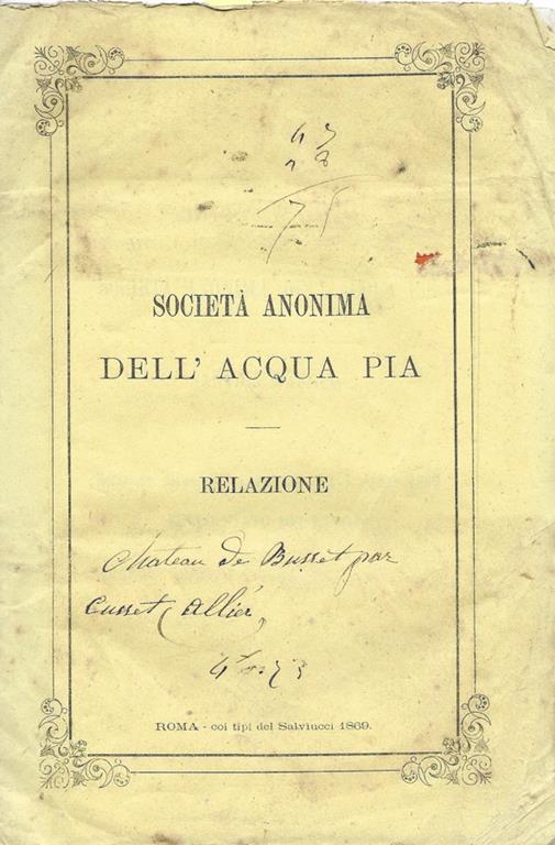 Società anonima dell'acqua pia. Realzione - copertina