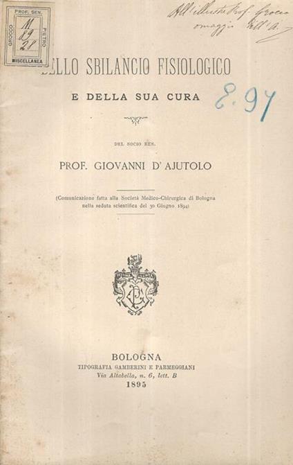 Dello sbilancio Fisiologico e della sua cura - Giovanni D'Ajutolo - copertina