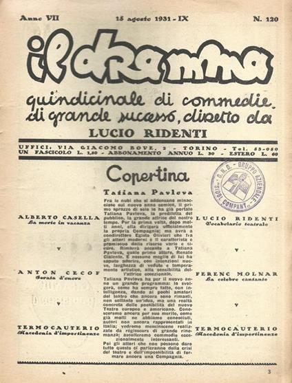 Il Dramma. Quindicinale di commedie di grande successo. Anno 1931 - N. 120 (15 agosto) - copertina