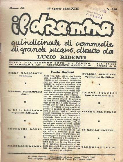 Il Dramma. Quindicinale di commedie di grande successo. Anno 1935 - N. 216 (15 agosto) - copertina