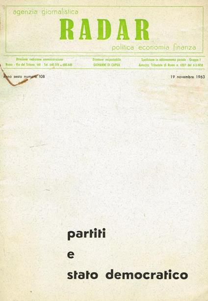 Agenzia giornalistica Radar. Politica economia finanza anno VI n.108. Partiti e stato democratico - Giovanni Di Capua - copertina