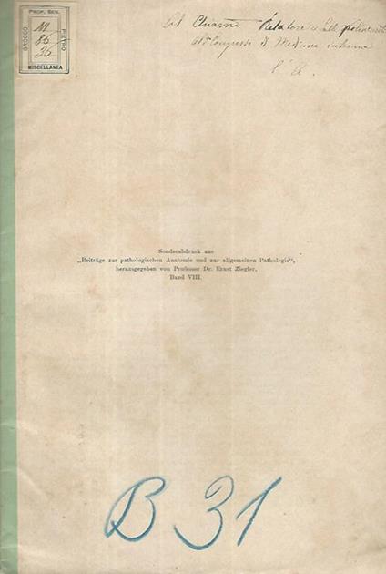 Sonderabdruck aus Beitrage zur pathologischen anatomie und zur allgemeinen Pathologie, herausgegeben von Professor Dr. Ernst Ziegler Band VIII - copertina