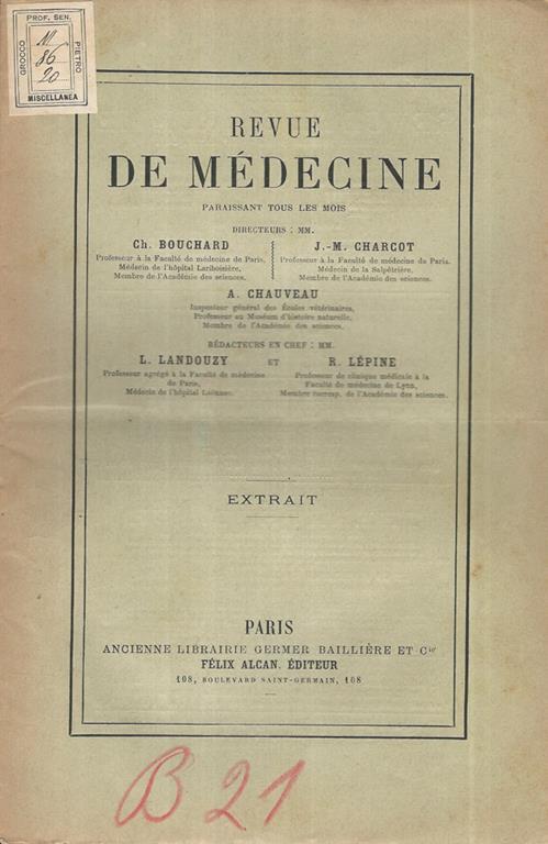 Note sur les Attaques de tremblement chez les épileptiques. Extrait de la Revue de Médecine - copertina