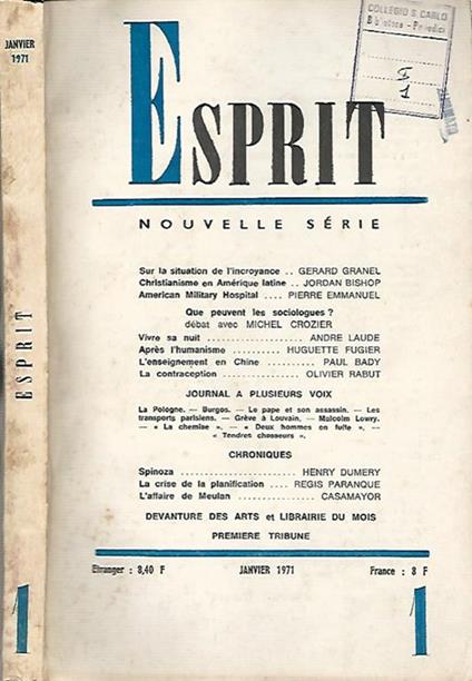 Esprit. Nouvelle Série - N. 1, Janvier 1971 - copertina