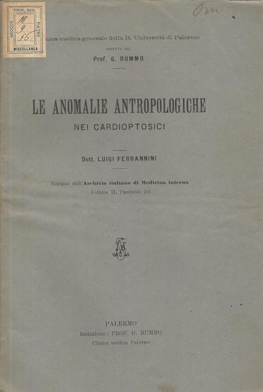 Le anomalie antropologiche nei cardioptosici - Luigi Ferrannini - copertina