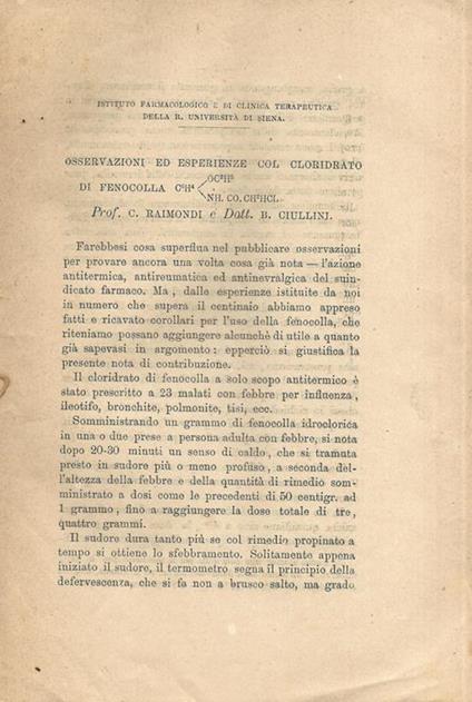 Osservazioni ed esperienze col cloridrato di fenocolla - C. Raimondi - copertina