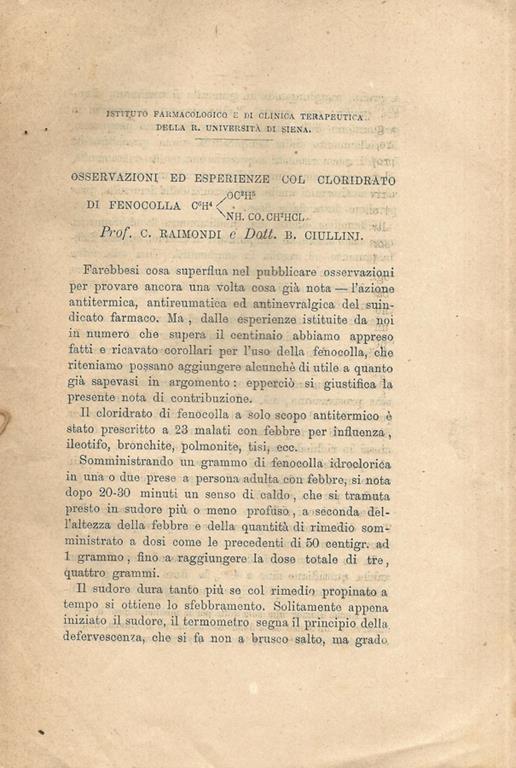 Osservazioni ed esperienze col cloridrato di fenocolla - C. Raimondi - copertina