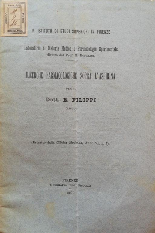 Ricerche farmacologiche sopra l'aspirina - Dott. Filippi - copertina
