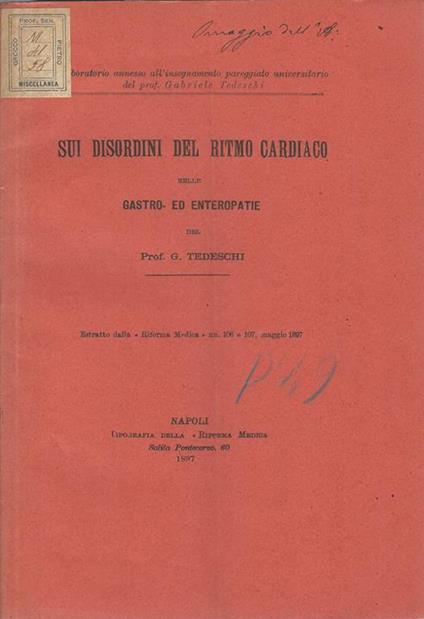 Sui disordini del ritmo cardiaco nelle gastro- ed enteropatie - G. Tedeschi - copertina