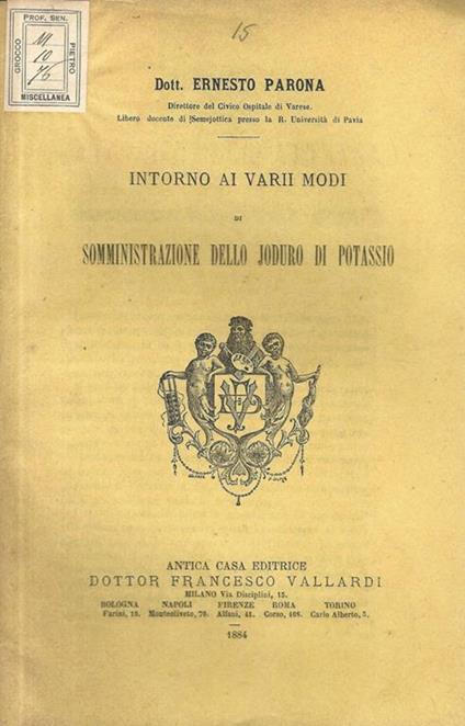 Intorno ai varii modi di somministrazione dello joduro di potassio - Ernesto Parona - copertina