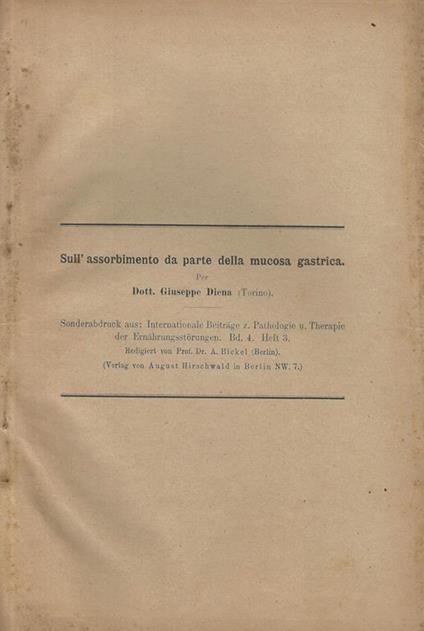 Sull'assorbimento da parte della mucosa gastrica - Giuseppe Diena - copertina