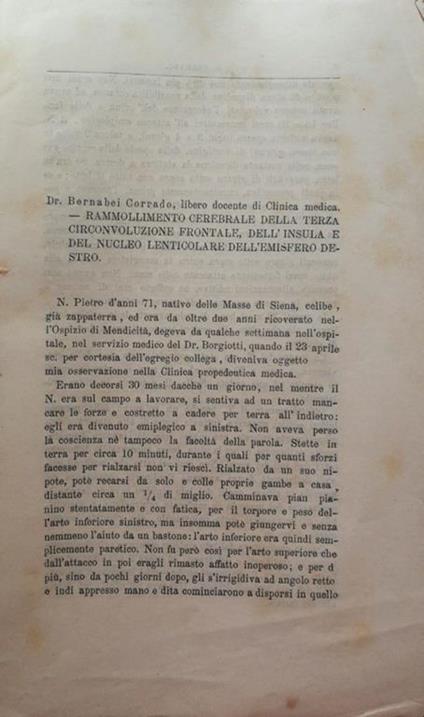 Rammollimento cerebrale della terza circonvoluzione frontale, dell'insula e del nucleo lenticolare dell'emisfero destro - Corrado Bernabei - copertina