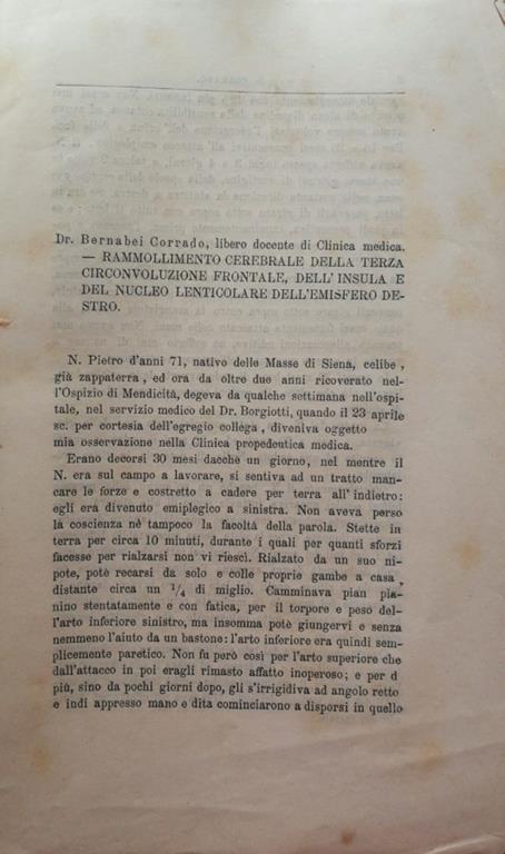 Rammollimento cerebrale della terza circonvoluzione frontale, dell'insula e del nucleo lenticolare dell'emisfero destro - Corrado Bernabei - copertina