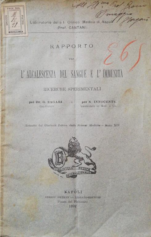 Rapporto tra l'alcalescenza del sangue e l'immunità - G. Zagari - copertina