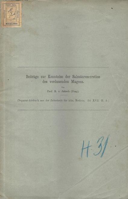 Beitrage zur Kenntniss der Salzsauresecretion des verdauenden Magens - R. Jaksch - copertina