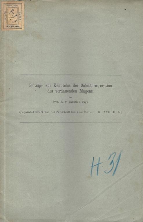 Beitrage zur Kenntniss der Salzsauresecretion des verdauenden Magens - R. Jaksch - copertina