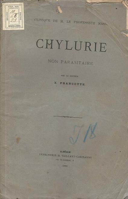 Chylurie non parasitaire - X. Francotte - copertina