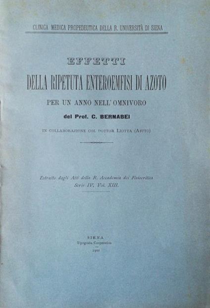 Effetti della ripetuta enteroemfisi di azoto per un anno nell'omnivoro - Prof. Bernabei - copertina