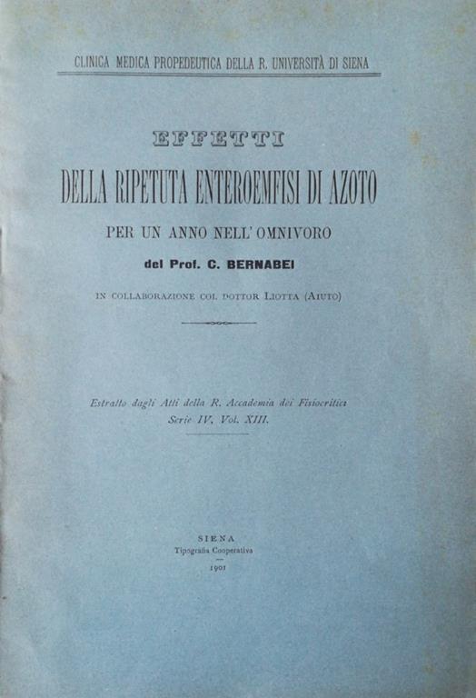 Effetti della ripetuta enteroemfisi di azoto per un anno nell'omnivoro - Prof. Bernabei - copertina