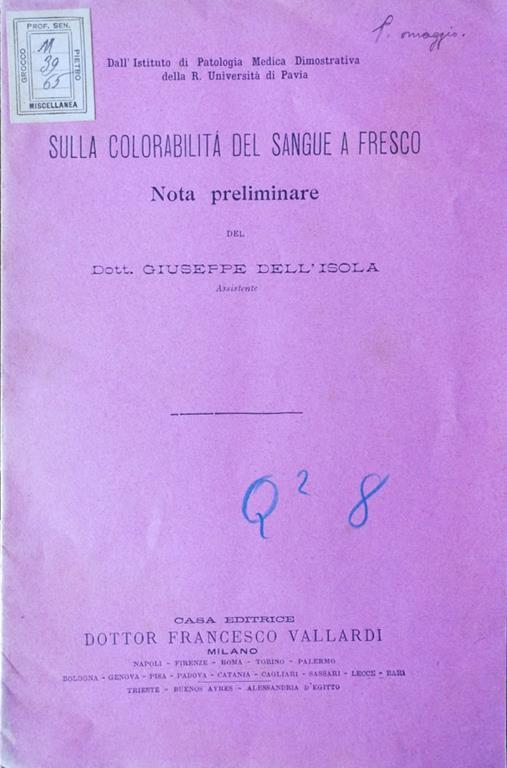 Sulla colorabilità del sangue a fresco - Giuseppe Dell'Isola - copertina