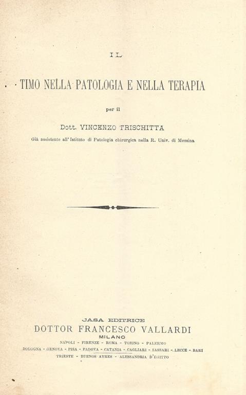 Il timo nella patologia e nella terapia - Vincenzo Trischitta - copertina