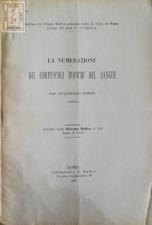La numerazione dei corpuscoli bianchi del sangue - Guglielmo Memmi - copertina