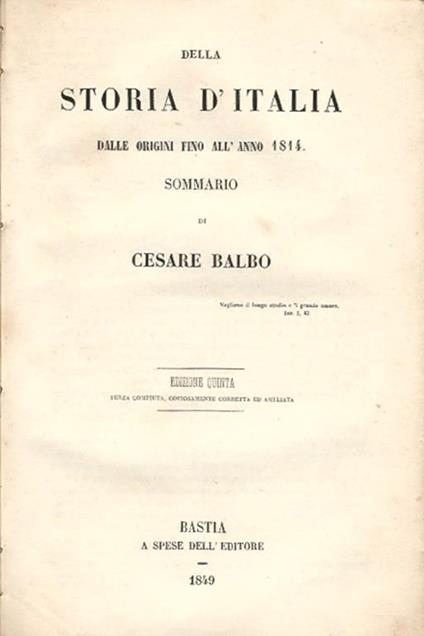 Della Storia d'Italia dalle origini fino all'anno 1814. Sommario - Cesare Balbo - copertina