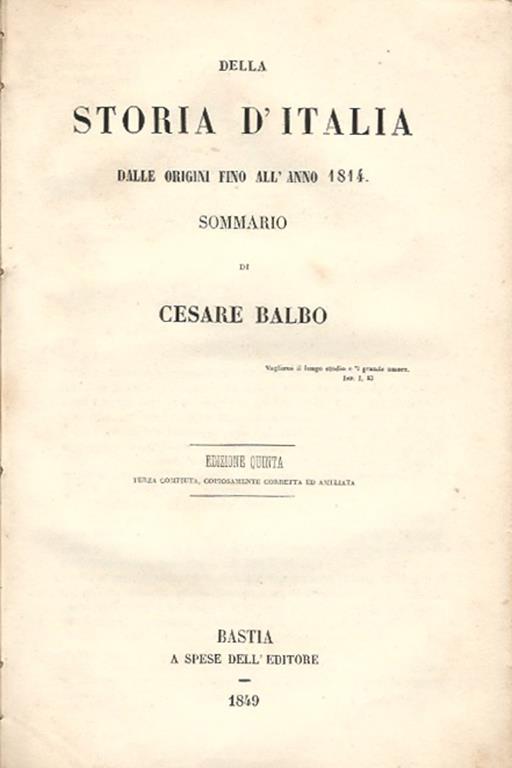 Della Storia d'Italia dalle origini fino all'anno 1814. Sommario - Cesare Balbo - copertina