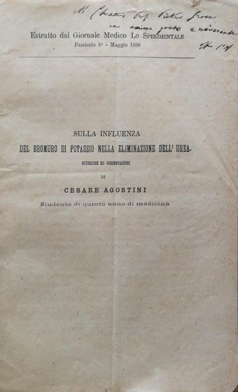 Sulla influenza del bromuro di potassio nella eliminazione dell'urea - Cesare Agostini - copertina