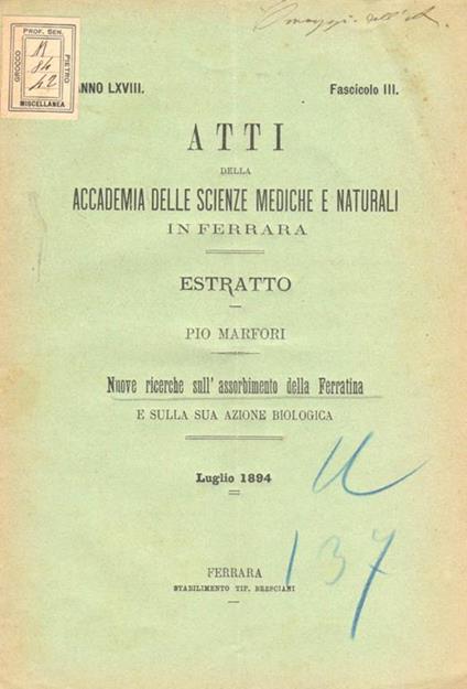 Nuove ricerche sull'assorbimento della Ferratina e sulla sua azione biologica. Luglio 1894 - Pio Marfori Savini - copertina