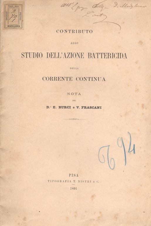 Contributo allo studio dell'azione battericida della corrente continua - E. Burgi - copertina