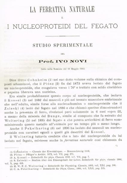 La ferratina naturale e i nucleoproteidi del fegato. Estratto da Memorie della R.Accademia delle scienze dell'Istituto di Bologna anno 1903 serie V tomo X fascicolo 3 - Ivo Novi - copertina