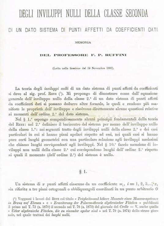 Degli inviluppi nulli della classe seconda, di un dato sistema di punti affetti da coefficienti dati. Estratto da Memorie della R.Accademia delle scienze dell'Istituto di Bologna anno 1883 serie IV tomo IV fascicolo 1 - copertina