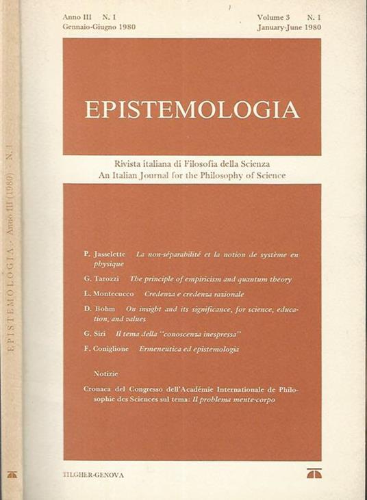 Epistemologia anno III- num. 1 - copertina