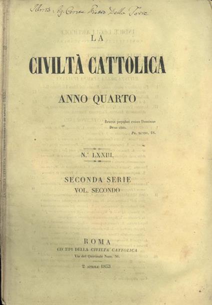 La Civiltà Cattolica 1853 - copertina