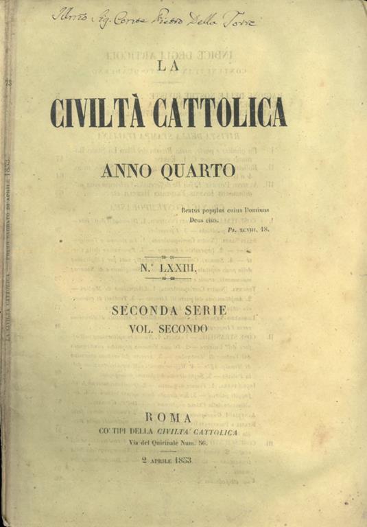 La Civiltà Cattolica 1853 - copertina