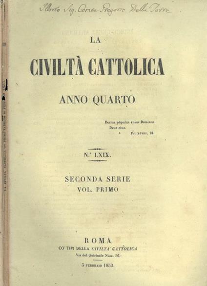 La Civiltà Cattolica 1853 - copertina